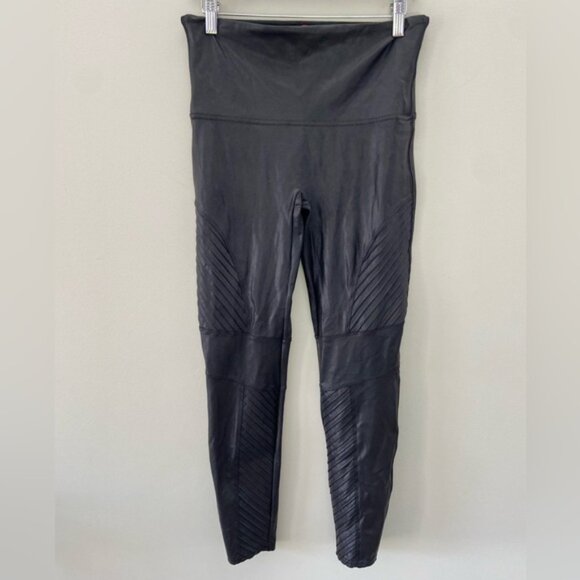 SPANX Faux Leather Black Moto Bikercore Textured Hi Rise Leggings - Picture 3 of 7
